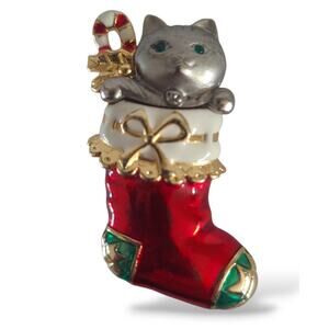 Vintage Danecraft Christmas Kitten Cat in Enameled Stocking Jewelry Brooch Pin